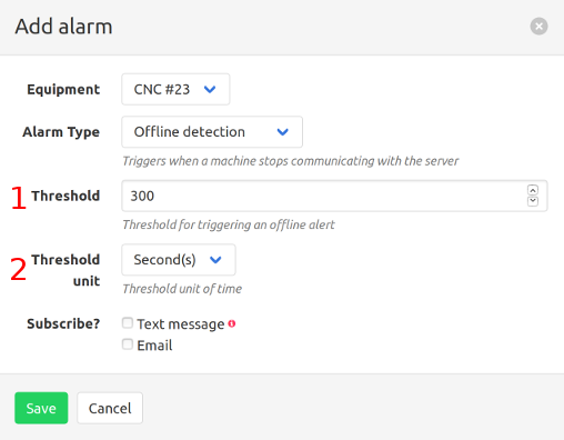 Configuration add offline detection alarm dialog