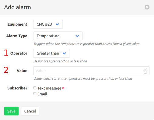 Configuration add temperature alarm dialog